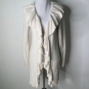 Ralph Lauren Women's Cream Ruffle Ribbed Cotton Cardigan Size PM